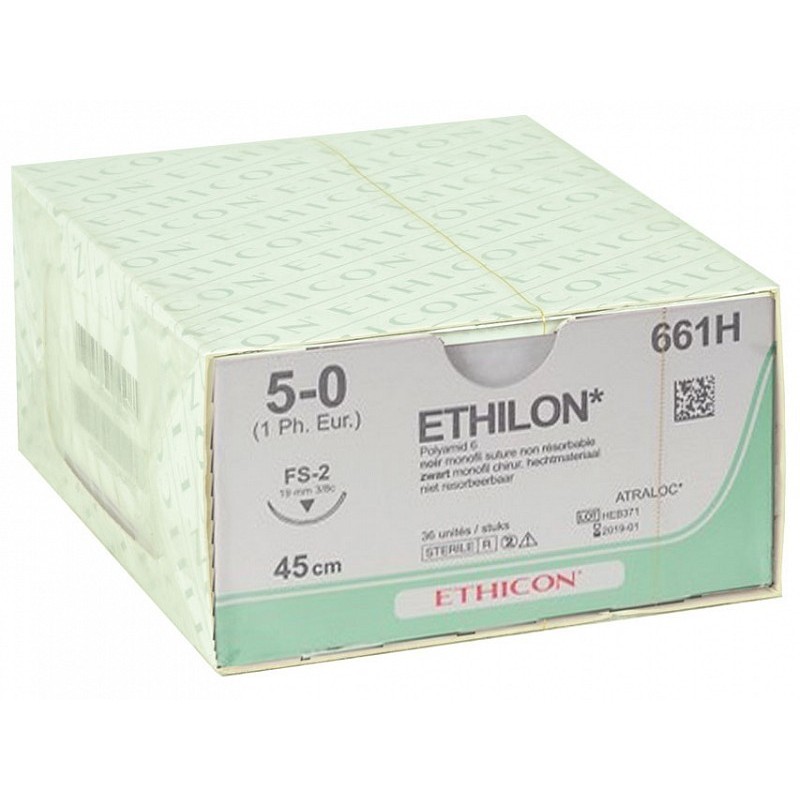 Sutură neabsorbabilă ethicon ethilon 661h cu ac 3/8 19mm usp 5/0 negru - 1 buc.