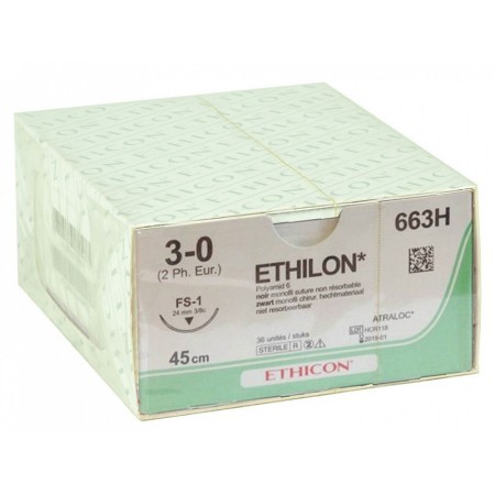 Sutura non assorbibile ethicon ethilon 663h con ago 3/8 da 24mm usp 3/0 nero - 1 pz.