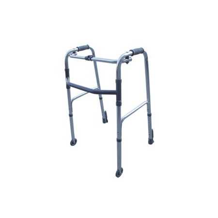 Folding walker, adjustable in height with 2 wheels and 2 self-locking tips