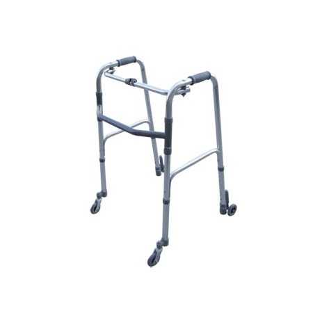 Folding walker, adjustable in height with 2 swivel wheels and 2 wheels with self-locking system