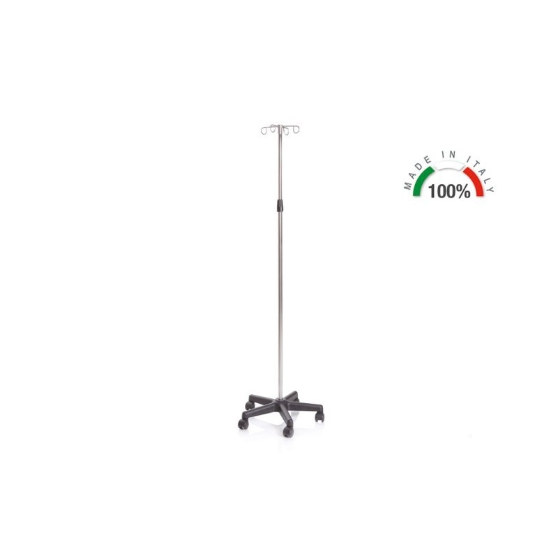Stand for hypodermoclysis - stainless steel rod and hooks - 4 hooks on wheels