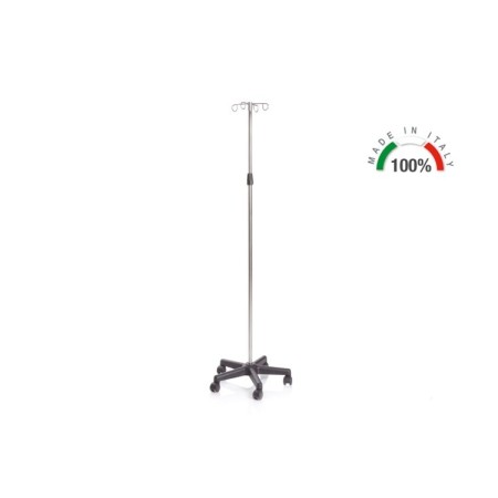 Hypodermoclysis stand - stainless steel pole and hooks - 4 hooks on wheels