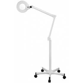 Lamp with magnifying glass on stand with wheels