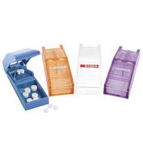 Coupe-pilules couleurs assorties (3 par couleur, blanc, bleu clair, lavande orange transparente) - pack 12 pièces.