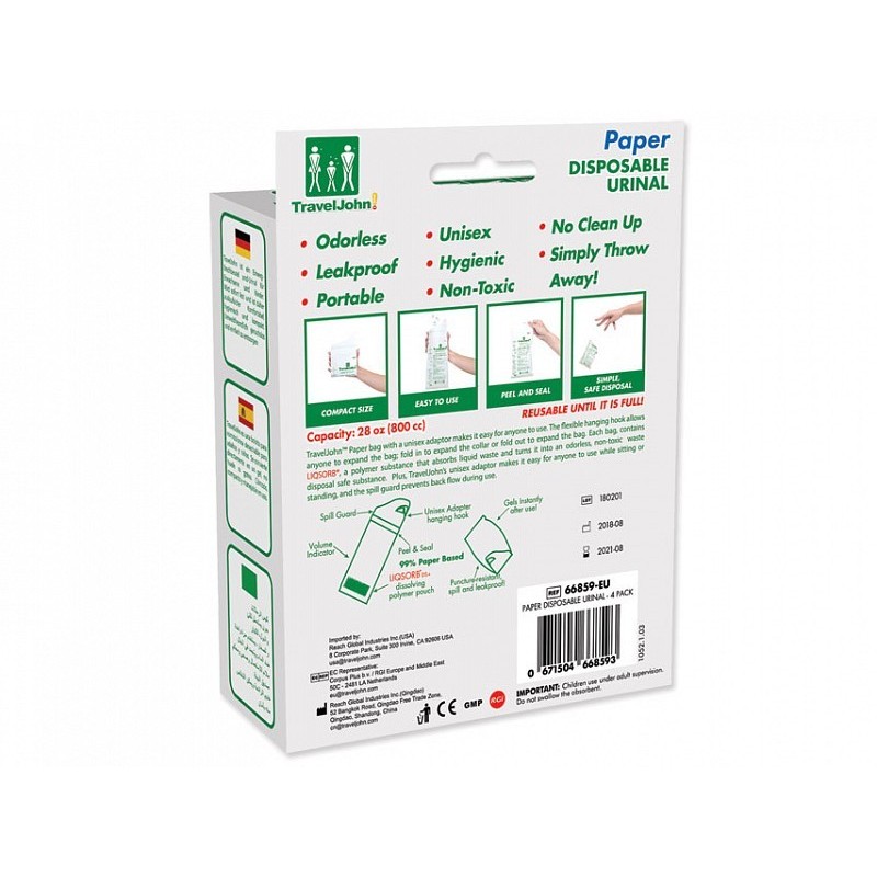 Inodoro portátil de papel traveljohn - 800 cc - pack 4 uds.
