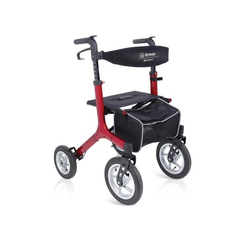 Ermes folding rollator (red) made of aluminium with 4 pneumatic wheels