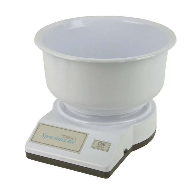 Cântar electronic de bucătărie vorbitor pentru persoanele cu deficiențe de vedere, cu alimentare și recipient