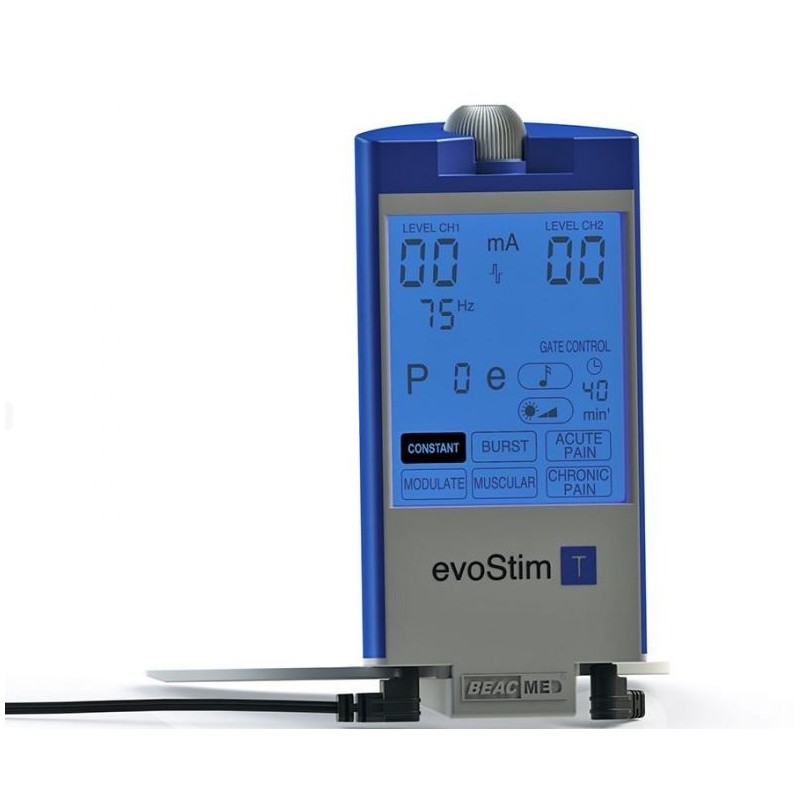 Eletroestimulador beac evostim t de canal duplo para dor e músculos, com técnicas de tens e nms.
