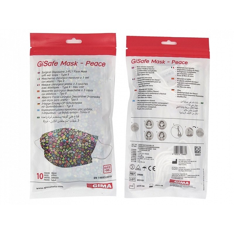 Gisafe filtering chirurgisch masker 98% 3-laags type iir met elastische banden - volwassenen - peace - flowpack - pak van 10 st.