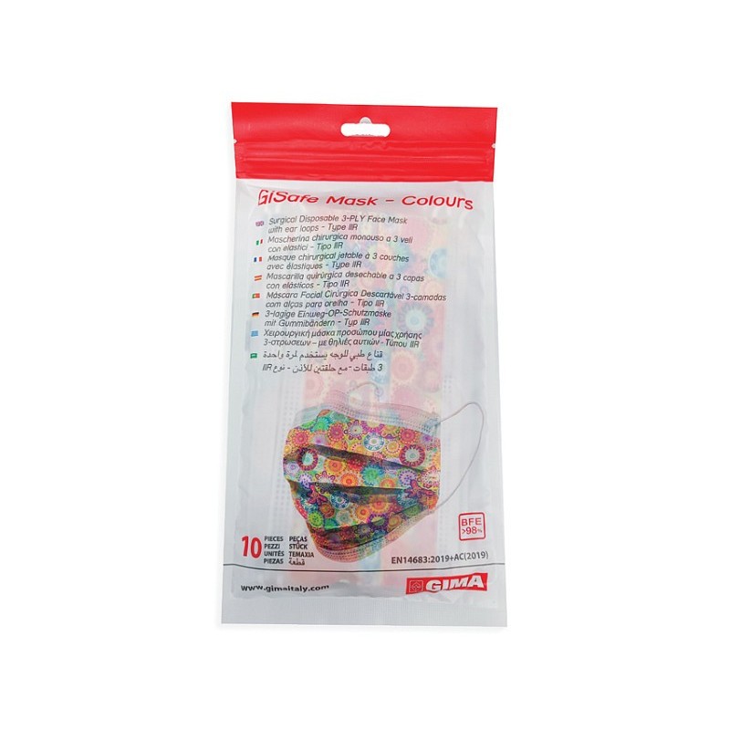 Filtrační chirurgická maska gisafe 98% 3vrstvá typ iir s elastickými pásy - dospělí - barvy - flowpack - balení 10 ks
