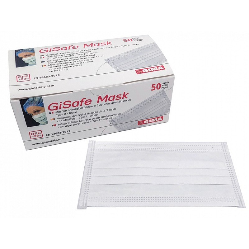 Gisafe 98% 3-ply filtering surgical mask type iir with elastic bands - adults - white - box - pack 50 pcs.