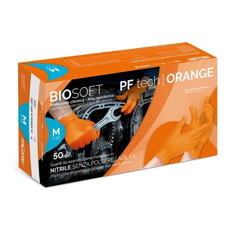 Jednorázové rukavice z nepudrovaného pomerančového nitrilu glovely biosafe pf tech orange - 50 ks