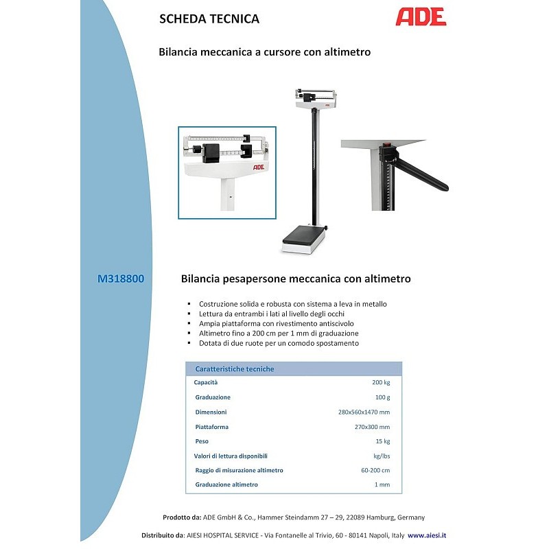 Bilancia pesapersone professionale meccanica a colonna a cursore con altimetro telescopico integrato