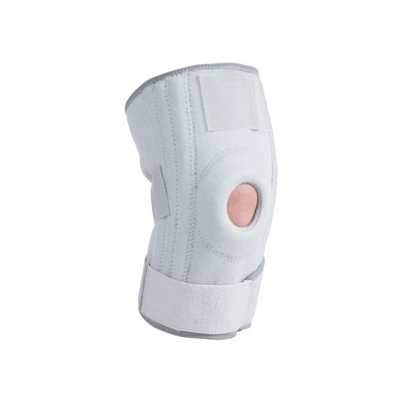 Knee brace with flexible splints and ring with patellar hole