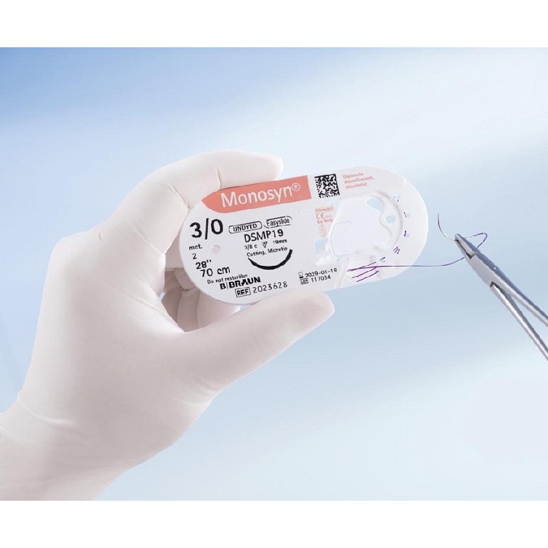 Monosyn vstrebateľné lepidlové stehy, 3/8 presná ihla 19mm, usp 5/0 - bezfarebná niť 45cm - 36 kusov.