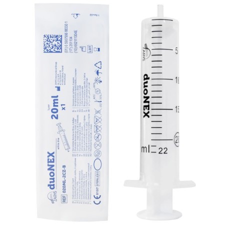 Bezjehlová stříkačka 20 ml duonex s excentrickým kuželem luer - 50 ks