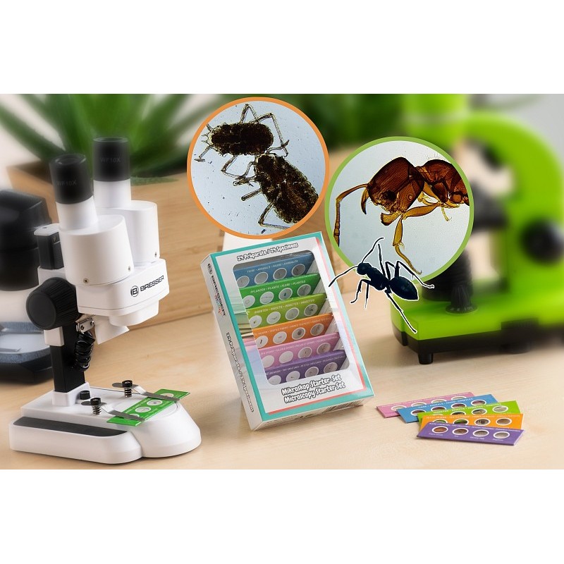 Bresser junior experiment kit avec 24 préparations de microscope permanent pour les débutants