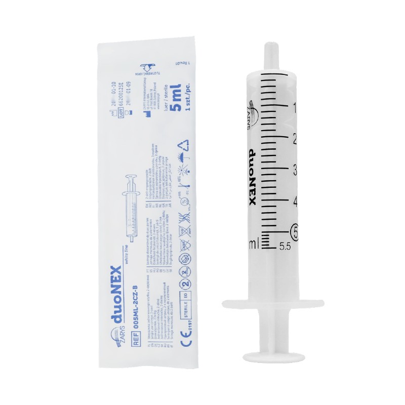 Seringa duonex sem agulha de 5 ml com cone luer excêntrico - 100 unidades